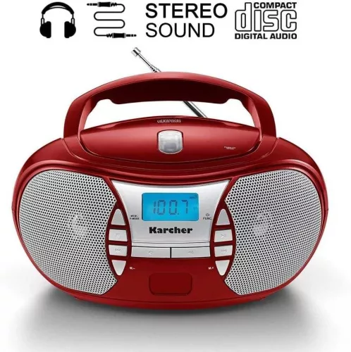 Karcher RR 5025-R Hordozható CD Rádió, CD, CD-R, CD-RW, FM Rádió, Aux-In, Fejhallgató Kimenet, Boombox, Sztereó Hang, 2 x 1,1 W RMS, Piros