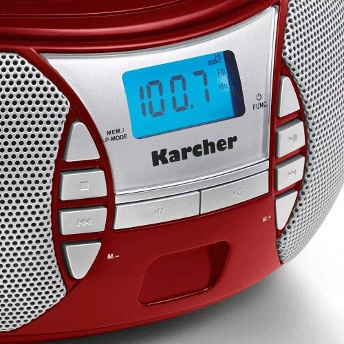 Karcher RR 5025-R Hordozható CD Rádió, CD, CD-R, CD-RW, FM Rádió, Aux-In, Fejhallgató Kimenet, Boombox, Sztereó Hang, 2 x 1,1 W RMS, Piros