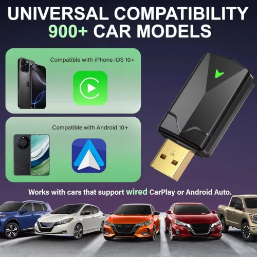 ZOUHOE CA6 CarPlay Wireless Adapter, Android Auto, 5,8 GHz WiFi, Bluetooth 5.4, USB, USB-C, Plug And Play, iOS 10+, Android 10+, Fekete