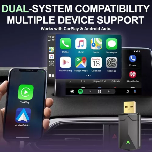 ZOUHOE CA6 CarPlay Wireless Adapter, Android Auto, 5,8 GHz WiFi, Bluetooth 5.4, USB, USB-C, Plug And Play, iOS 10+, Android 10+, Fekete