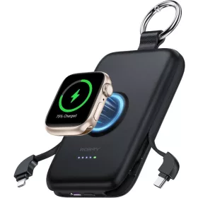   RORRY D2-10000 Power Bank, 10000mAh, PD 20W Gyors Töltés, Beépített USB-C És Lightning Kábel, Vezeték Nélküli Apple Watch Töltés, Fekete