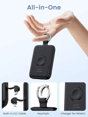 RORRY D2-10000 Power Bank, 10000mAh, PD 20W Gyors Töltés, Beépített USB-C És Lightning Kábel, Vezeték Nélküli Apple Watch Töltés, Fekete