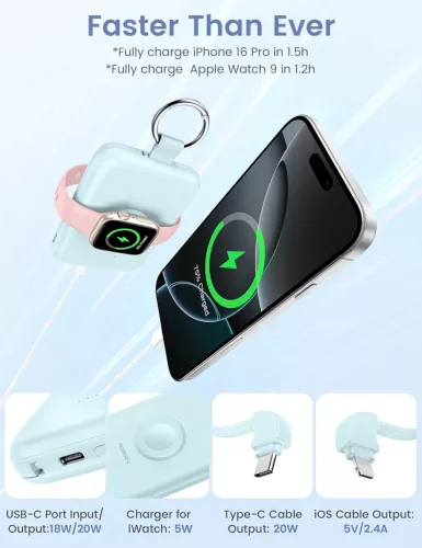 RORRY D2-10000 Power Bank, 10000mAh, PD 20W Gyors Töltés, Beépített USB-C És Lightning Kábel, Vezeték Nélküli Apple Watch Töltés, Fekete