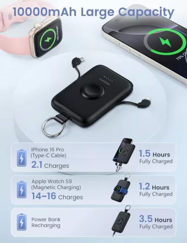 RORRY D2-10000 Power Bank, 10000mAh, PD 20W Gyors Töltés, Beépített USB-C És Lightning Kábel, Vezeték Nélküli Apple Watch Töltés, Fekete