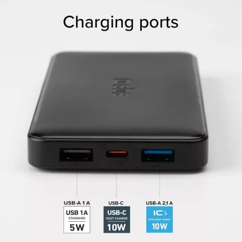 SBS PowerBank 10K Slim Hordozható Akkumulátor, 10000 mAh, 10 W, 5 V, Lítium-Polimer, Intelligent Charge IC, USB-C In-Out, 2x USB-A, Fekete