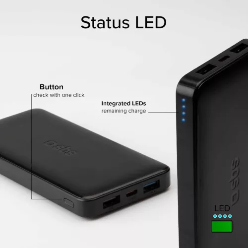 SBS PowerBank 10K Slim Hordozható Akkumulátor, 10000 mAh, 10 W, 5 V, Lítium-Polimer, Intelligent Charge IC, USB-C In-Out, 2x USB-A, Fekete