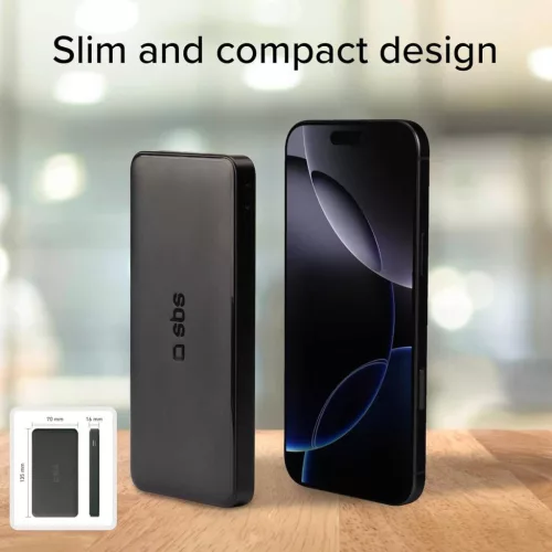 SBS PowerBank 10K Slim Hordozható Akkumulátor, 10000 mAh, 10 W, 5 V, Lítium-Polimer, Intelligent Charge IC, USB-C In-Out, 2x USB-A, Fekete