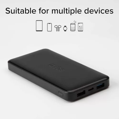 SBS PowerBank 10K Slim Hordozható Akkumulátor, 10000 mAh, 10 W, 5 V, Lítium-Polimer, Intelligent Charge IC, USB-C In-Out, 2x USB-A, Fekete
