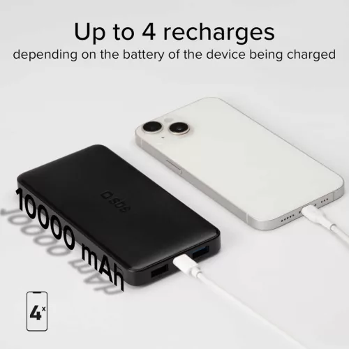 SBS PowerBank 10K Slim Hordozható Akkumulátor, 10000 mAh, 10 W, 5 V, Lítium-Polimer, Intelligent Charge IC, USB-C In-Out, 2x USB-A, Fekete