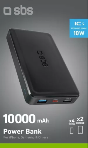 SBS PowerBank 10K Slim Hordozható Akkumulátor, 10000 mAh, 10 W, 5 V, Lítium-Polimer, Intelligent Charge IC, USB-C In-Out, 2x USB-A, Fekete