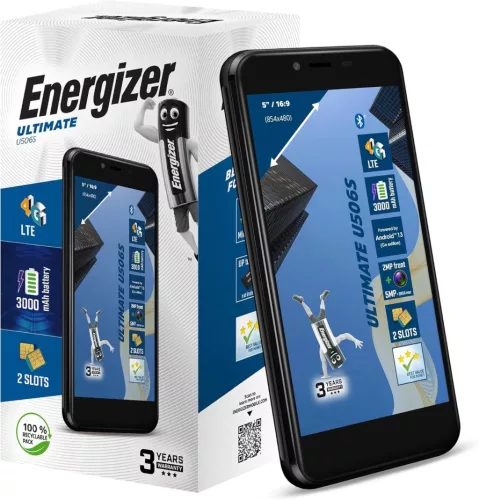 Energizer U506S Okostelefon, Android 13, 5 Kijelző, 4G LTE, MediaTek Helio 1.5 GHz, 2 GB RAM, 64 GB Tárhely, Dual SIM, Fekete