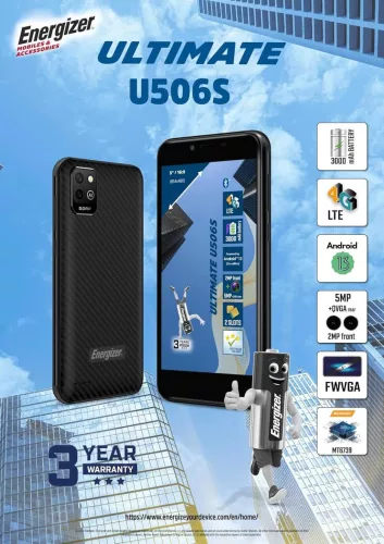 Energizer U506S Okostelefon, Android 13, 5 Kijelző, 4G LTE, MediaTek Helio 1.5 GHz, 2 GB RAM, 64 GB Tárhely, Dual SIM, Fekete