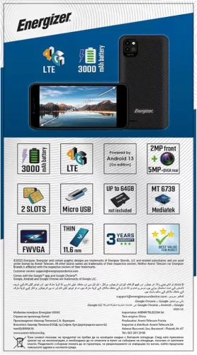 Energizer U506S Okostelefon, Android 13, 5 Kijelző, 4G LTE, MediaTek Helio 1.5 GHz, 2 GB RAM, 64 GB Tárhely, Dual SIM, Fekete