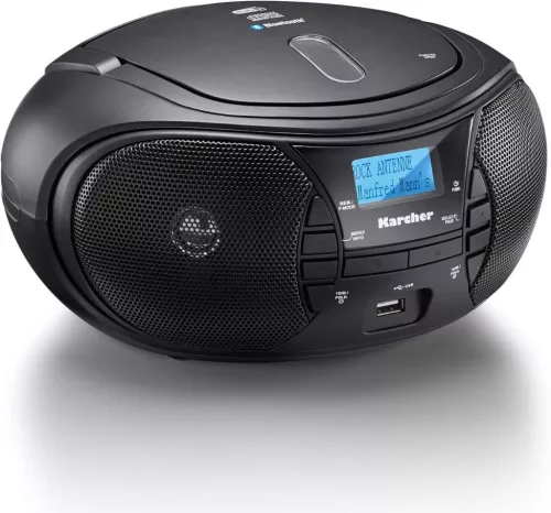 Karcher RR 5028D Hordozható CD Rádió, CD, CD-R, CD-RW, MP3-CD Lejátszás, DAB+ Rádió, FM Rádió, Bluetooth, USB, AUX, Sztereó, 2×1,6W RMS, Fekete