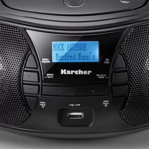 Karcher RR 5028D Hordozható CD Rádió, CD, CD-R, CD-RW, MP3-CD Lejátszás, DAB+ Rádió, FM Rádió, Bluetooth, USB, AUX, Sztereó, 2×1,6W RMS, Fekete