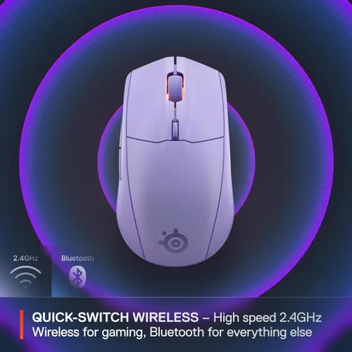 SteelSeries Rival 3 Vezeték Nélküli Gen 2 Levendula Gaming Egér, TrueMove Air 18000 DPI Optikai Szenzor, Dual Wireless 2,4GHz, Bluetooth, 6 Gomb, 325 h Üzemidő