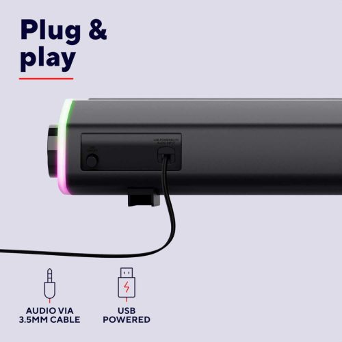 Trust Liro Soundbar 25484, PC Hangszóró, 2.0 Csatorna, 12 W, USB, 3,5 mm Jack, Színes LED Fény, Érintéses Vezérlés, Műanyag Ház, Fekete