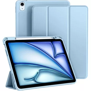   EspZanthic iPad Air 28cm Tok, M3 M2 2025 2024, iPad Air 6 5 4, Puha TPU Hátlap, Háromszög Állvány, Auto Ébresztés Alvás, Ceruzatartó, Kék