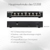 NETGEAR GS308-300PES 8 Portos Gigabit Switch, 10/100/1000 Mb/s, RJ45, Auto-MDI/MDIX, Non-Blocking, 802.1p DSCP QoS, IEEE802.3az, Fém Ház, Fekete