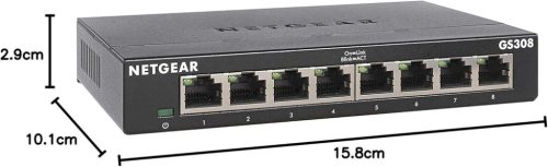 NETGEAR GS308-300PES 8 Portos Gigabit Switch, 10/100/1000 Mb/s, RJ45, Auto-MDI/MDIX, Non-Blocking, 802.1p DSCP QoS, IEEE802.3az, Fém Ház, Fekete
