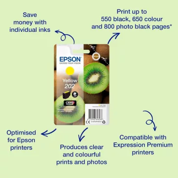   Epson Kiwi T02G4 Sárga Tintapatron, Dye Alapú Vízbázisú Tinta, 300 Oldalas Kapacitás, XP-6000, XP-6005, XP-6100, XP-6105 Kompatibilis