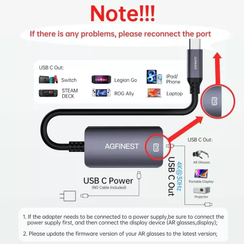 AGFINEST USB C Adapter AR Szemüveghez, Dual USB C, 1× USB 2.0, 5 Gbit/s Adatátvitel, 24K Aranyozott Csatlakozó, Alumínium Ház, Fekete