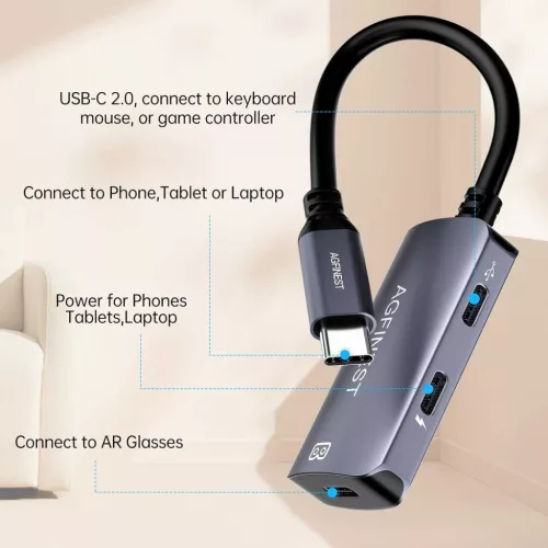 AGFINEST USB C Adapter AR Szemüveghez, Dual USB C, 1× USB 2.0, 5 Gbit/s Adatátvitel, 24K Aranyozott Csatlakozó, Alumínium Ház, Fekete