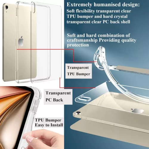 EspZanthic iPad Air 11 Tok, M3 2025, M2 2024, Air 5 2022, Air 4 2020, Beépített Ceruzatartó, Tépődésálló TPU, Átlátszó Hátlap, Háromrészes Előlap, Polar Star