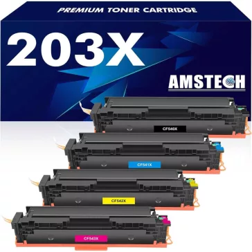   Amstech Toner Kazetta Szett, HP 203X 203A CF540X CF541X CF542X CF543X Kompatibilis, 4 Darab, Fekete Cian Sárga Magenta, XXL, A4, 3200 Oldal Fekete, 2500 Oldal Színes