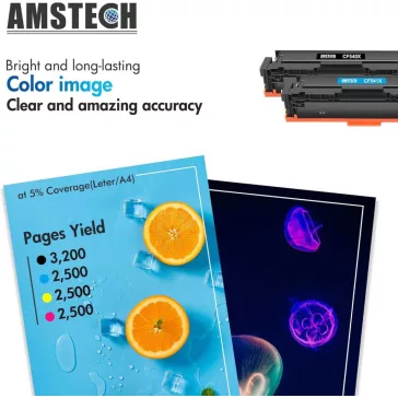  Amstech Toner Kazetta Szett, HP 203X 203A CF540X CF541X CF542X CF543X Kompatibilis, 4 Darab, Fekete Cian Sárga Magenta, XXL, A4, 3200 Oldal Fekete, 2500 Oldal Színes