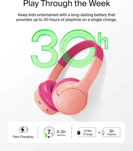Belkin SoundForm Mini Gyerek Fejhallgató, Vezeték Nélküli, Bluetooth 5.3, 30 h Üzemidő, 85 dB Hangerőkorlát, Mikrofon, 3,5 mm Jack, USB-C, Rózsaszín