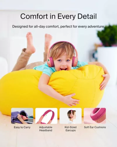 Belkin SoundForm Mini Gyerek Fejhallgató, Vezeték Nélküli, Bluetooth 5.3, 30 h Üzemidő, 85 dB Hangerőkorlát, Mikrofon, 3,5 mm Jack, USB-C, Rózsaszín