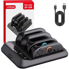   Lmcpa NSDocking Station Töltőállomás Nintendo Switch 2 Joy Con, 4 Port, USB Type C, LED Töltésjelző, PTC Védelem, Fekete