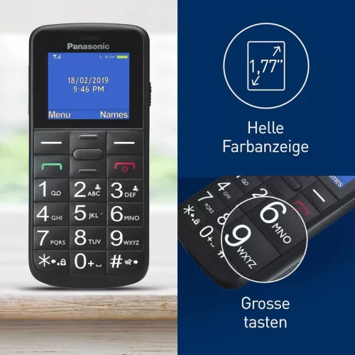 Panasonic KX-TU110EX Mobiltelefon, 4,6 Cm Színes Kijelző, Nucleus OS, 2G, Dual SIM, SOS Gomb, LED Zseblámpa, Bluetooth, USB, Fekete