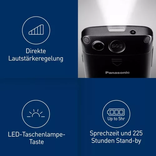 Panasonic KX-TU110EX Mobiltelefon, 4,6 Cm Színes Kijelző, Nucleus OS, 2G, Dual SIM, SOS Gomb, LED Zseblámpa, Bluetooth, USB, Fekete
