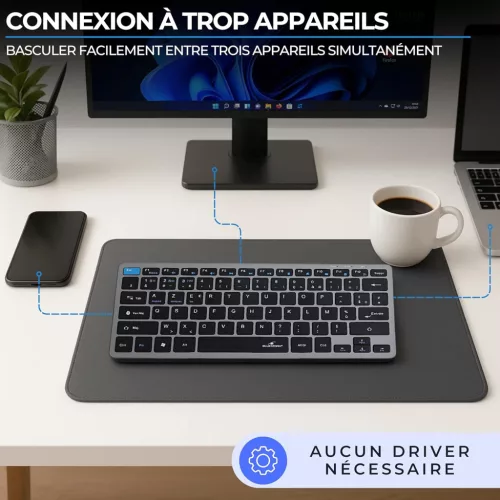 Bluestork PACK-WL-MINI-V2/FR Vezeték Nélküli Billentyűzet Egér Szett, AZERTY, 2,4 GHz, Bluetooth 3.0/5.0, 1600 DPI, USB-C Töltés, 80 h Üzemidő, Fekete