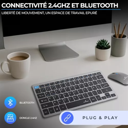 Bluestork PACK-WL-MINI-V2/FR Vezeték Nélküli Billentyűzet Egér Szett, AZERTY, 2,4 GHz, Bluetooth 3.0/5.0, 1600 DPI, USB-C Töltés, 80 h Üzemidő, Fekete
