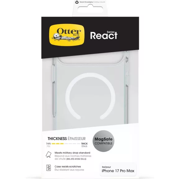 OtterBox React Series MagSafe Tok iPhone 17 Pro Max, Ütésálló, Vékony, Műanyag, Bumper, Vezeték Nélküli Töltéssel Kompatibilis, Átlátszó OtterBox React Series MagSafe Tok iPhone 17 Pro Max, Ütésálló, Vékony, Műanyag, Bumper, Vezeték Nélküli Töltéssel Kompatibilis, Átlátszó