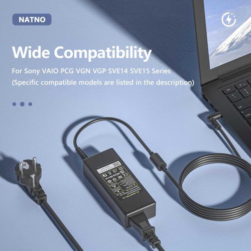 NATNO Sony Vaio Laptop Töltő, 19,5V 4,7A, 90W, 2 Tűs Csatlakozó, 6,5×4,4mm Dugó, Kompatibilis VGP-AC19V Széria, Sony Bravia KDL, Fekete