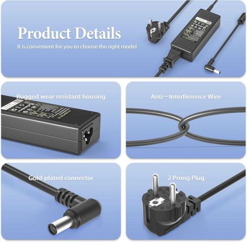 NATNO Sony Vaio Laptop Töltő, 19,5V 4,7A, 90W, 2 Tűs Csatlakozó, 6,5×4,4mm Dugó, Kompatibilis VGP-AC19V Széria, Sony Bravia KDL, Fekete