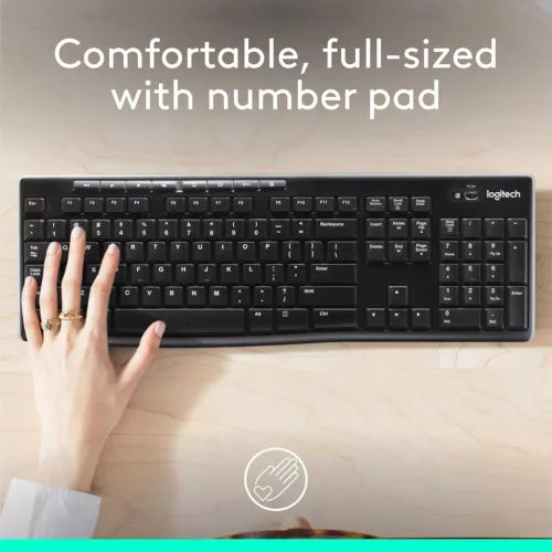 Logitech K270 Vezeték Nélküli Billentyűzet, Teljes Méret, 104 Gomb, QWERTZ, 2,4 GHz, USB Vevő, 8 Multimédia Gomb, 24 Hónap Elemélettartam, Fekete