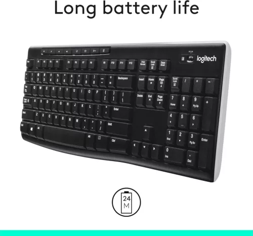 Logitech K270 Vezeték Nélküli Billentyűzet, Teljes Méret, 104 Gomb, QWERTZ, 2,4 GHz, USB Vevő, 8 Multimédia Gomb, 24 Hónap Elemélettartam, Fekete