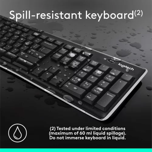 Logitech K270 Vezeték Nélküli Billentyűzet, Teljes Méret, 104 Gomb, QWERTZ, 2,4 GHz, USB Vevő, 8 Multimédia Gomb, 24 Hónap Elemélettartam, Fekete