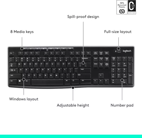 Logitech K270 Vezeték Nélküli Billentyűzet, Teljes Méret, 104 Gomb, QWERTZ, 2,4 GHz, USB Vevő, 8 Multimédia Gomb, 24 Hónap Elemélettartam, Fekete