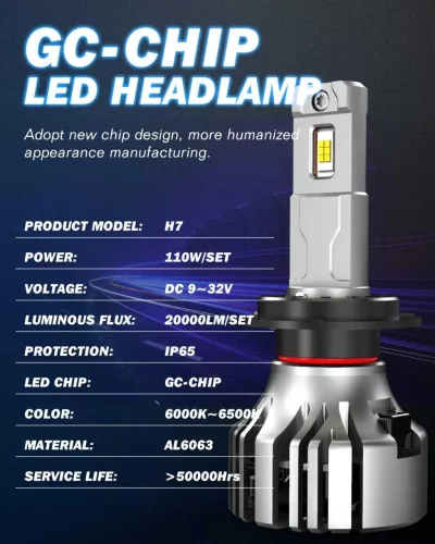 KATUR H7 LED Fényszóró Szett, 110W, 20000 lm, 12V, 6500K Xenon Fehér, Canbus Ready, Plug And Play, IP65, Első, 2 Darab, 50000 Óra Élettartam