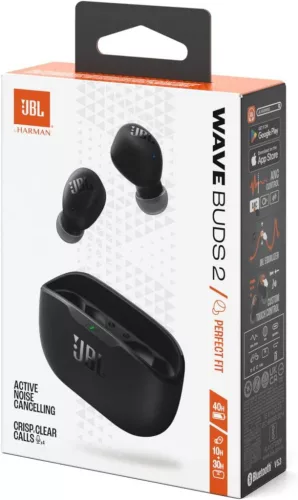 JBL Wave Buds 2 Vezeték Nélküli In-Ear Fülhallgató, Bluetooth, Aktív Zajszűrés, Smart Ambient, 8 mm Meghajtó, 40 Óra Üzemidő, IP54, Fekete
