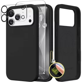   GONEZ Tok iPhone 17 Pro Max, MagSafe Kompatibilis, Folyékony Szilikon, Matt Fekete, Kijelzővédő Fólia, Kamera Lencsevédő, Porvédő Hangszóró