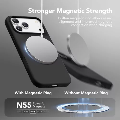 GONEZ Tok iPhone 17 Pro Max, MagSafe Kompatibilis, Folyékony Szilikon, Matt Fekete, Kijelzővédő Fólia, Kamera Lencsevédő, Porvédő Hangszóró