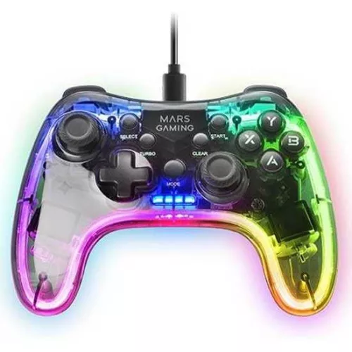 Mars Gaming MGP-C Vezetékes Gamepad, Neon RGB, Átlátszó Fekete, Dual Haptic Vibration, 20 Gomb, Analóg Joystick, USB-A USB-C, 2 m Kábel, PC, Switch, PS3, Android