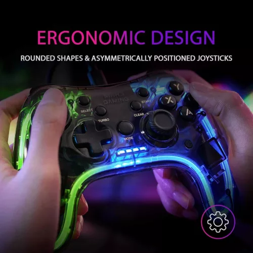 Mars Gaming MGP-C Vezetékes Gamepad, Neon RGB, Átlátszó Fekete, Dual Haptic Vibration, 20 Gomb, Analóg Joystick, USB-A USB-C, 2 m Kábel, PC, Switch, PS3, Android